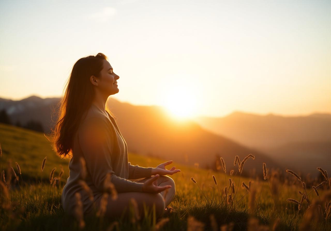 Ruhige Frau bei Sonnenaufgang in den Alpen – Wellness in DE AT CH